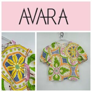 AVARA Women's Medium Puff‎ Sleeve Tunic Top Colorful Tile Print Rayon